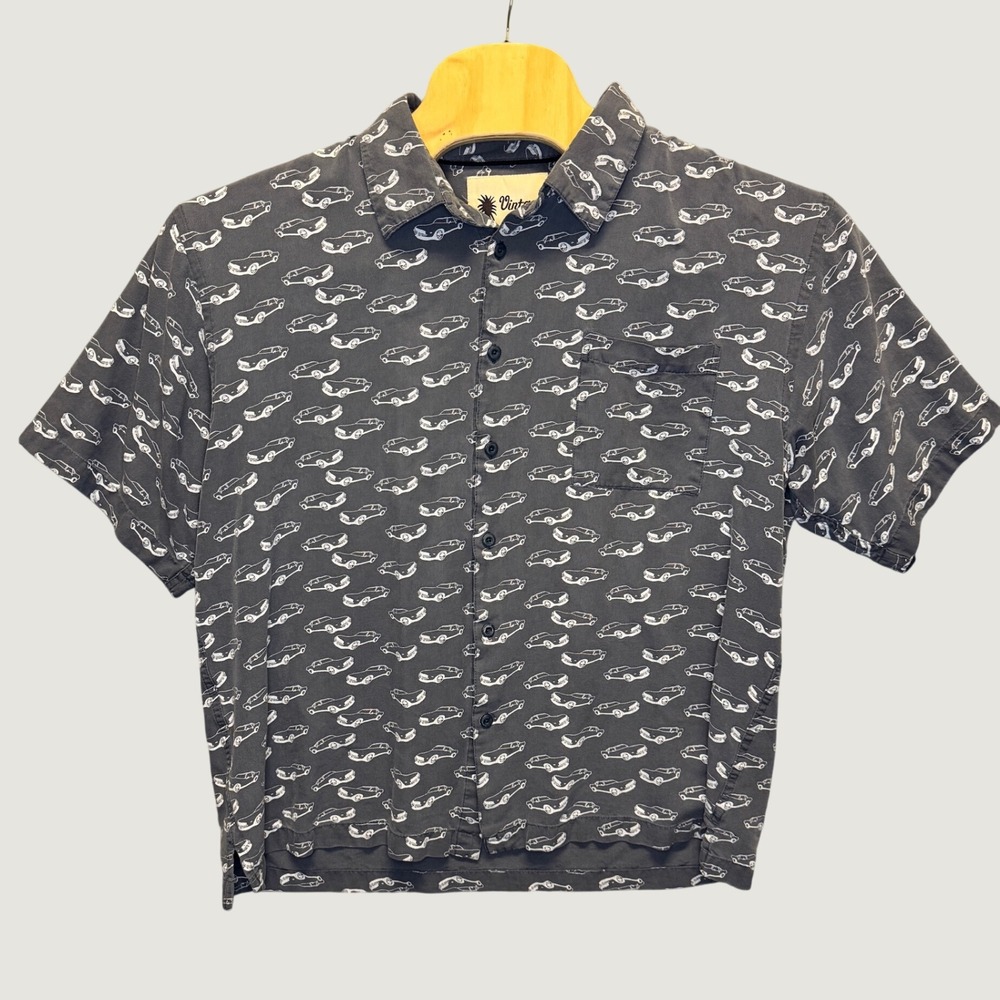 2065 | Vintage Silk Classic Car Print 100% Silk Camp Shirt Gray Mens XXL